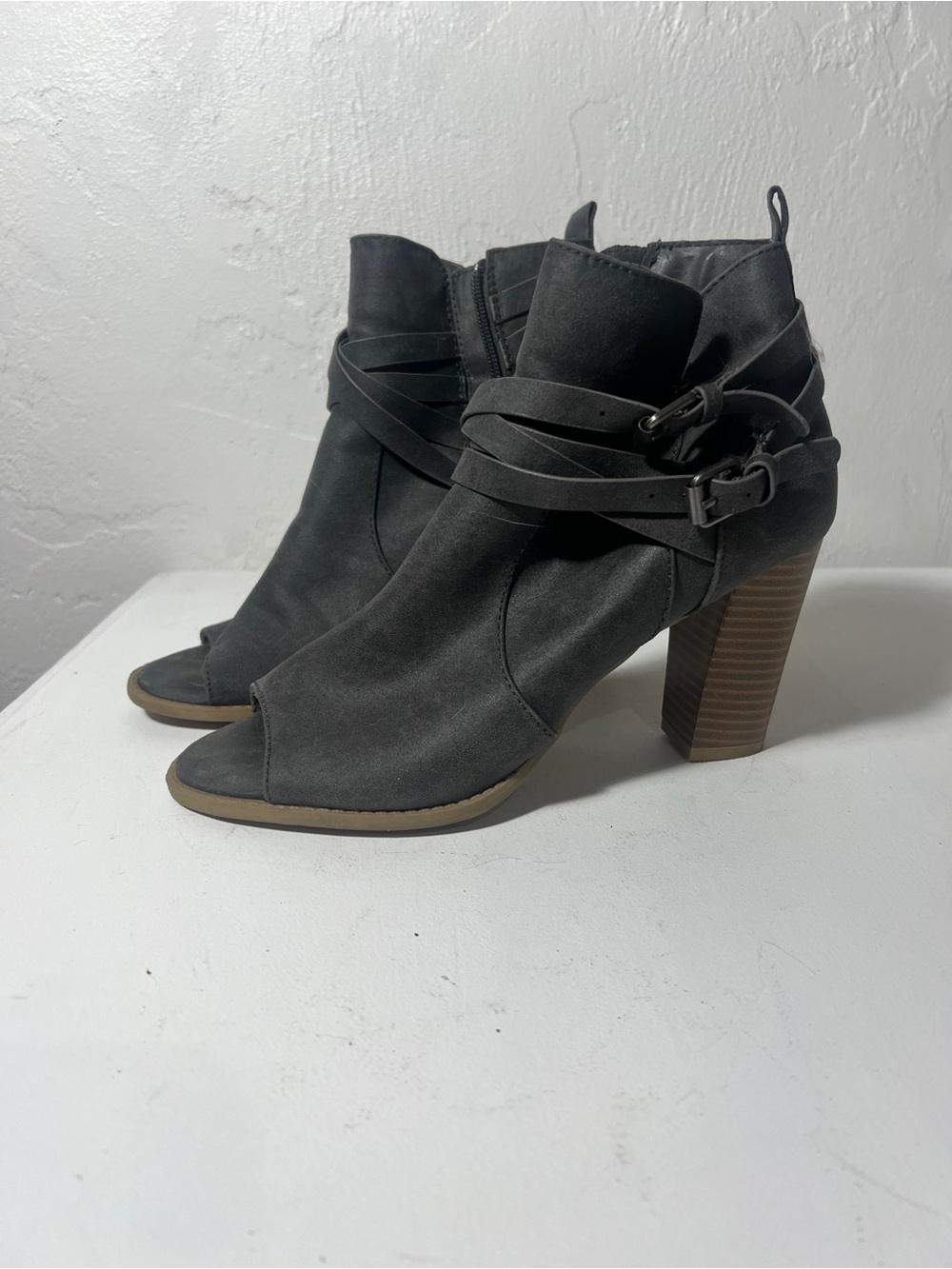 Report Open-Toe Ankle Booties in Charcoal Gray